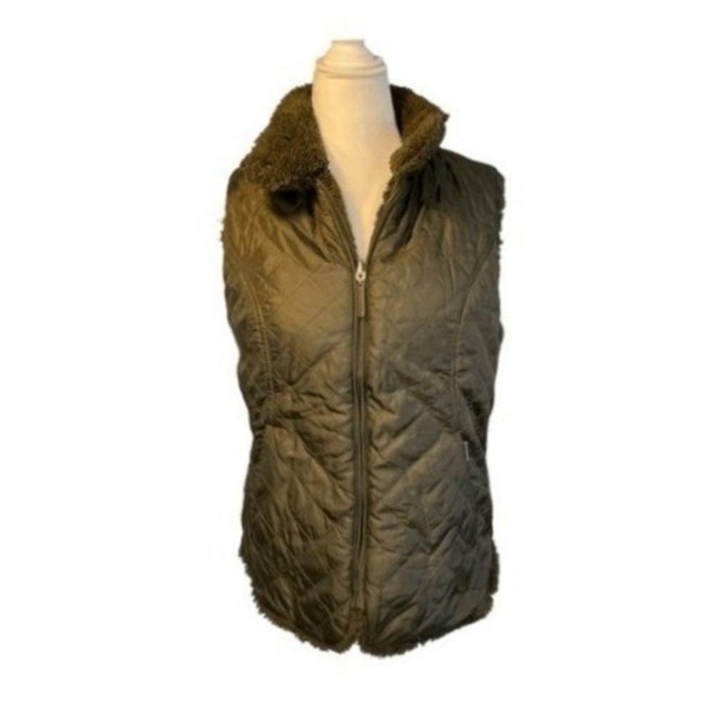 Tweeds Quilted Puffer Vest Chocolate Brown Sherpa Fleece Reversible Sleeveless S